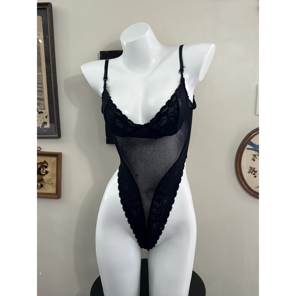 Vintage Lovelace of Hollywood Black Mesh Lace Teddy Bodysuit Size S